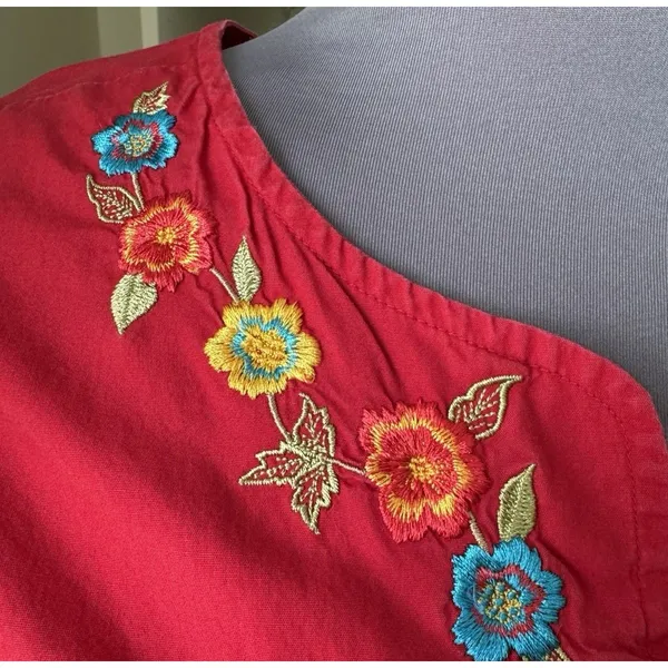 Vtg Go Softly Patio Dress XL Red Embroidered Muumuu Hippie Chic Boho Oriental - Image 9