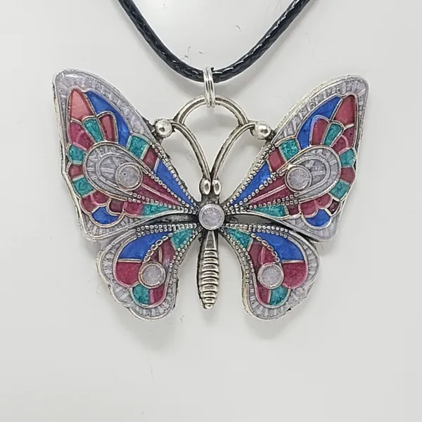 Butterfly Pendant w/ Pink, Blue, Teal Green & Silvery White Resin Necklace - Image 2