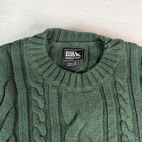 Eddie‎ Bauer Womens XS Forest Green 100% Cotton Cable Knit Crew Neck Sweater - Image 2