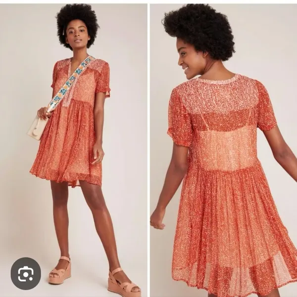Maeve Anthropologie Adrian Sheer Tunic Dress‎ in dark orange. Size S. - Image 2