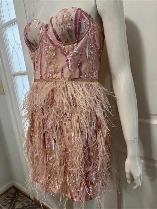 BELLA BARNETT Strapless Pink Sequin & Feather Cocktail Dress Size Small - Image 12