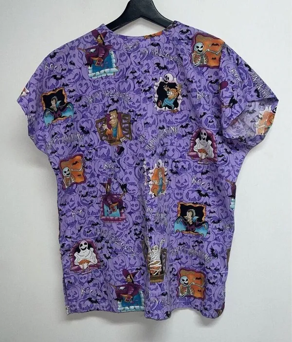Sb Scrubs SB Fashion Scrubs Halloween Scrub Top Womens Medium Purple V-neck Pockets - Image 4