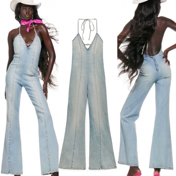 ZARA NWT Denim Jumpsuit. Super Cute And Flattering. Small “ B “ Crystal Do You Represent Barbie But Easily Can Be Taken Off And Not Noticeable - Image 2