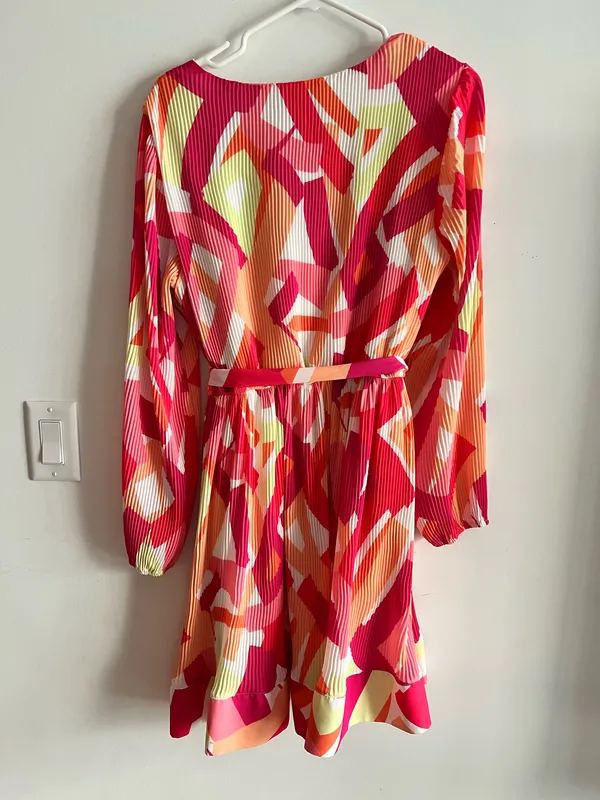 Nicole Miller NY Pleated Mini Dress Size L Multicolor Abstract V-Neck - Image 7