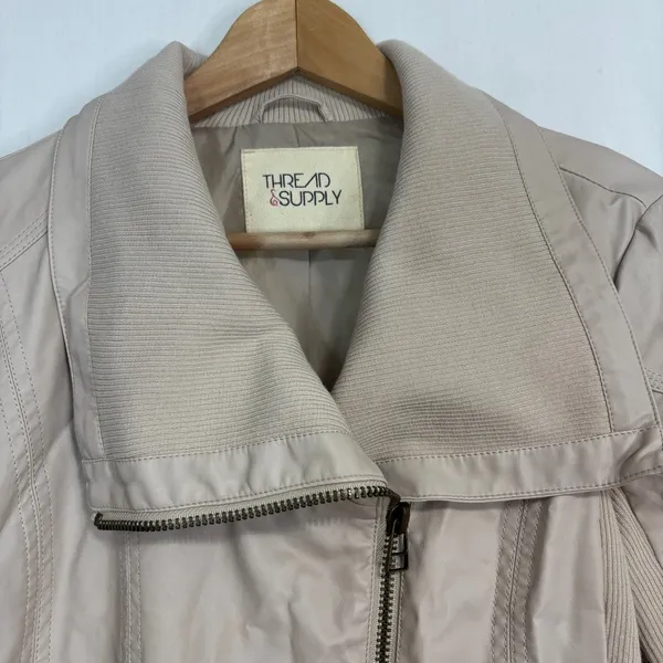 Thread‎ & Supply Moto Jacket Womens M Cream Faux Leather Ribbed Knit Biker - Image 2