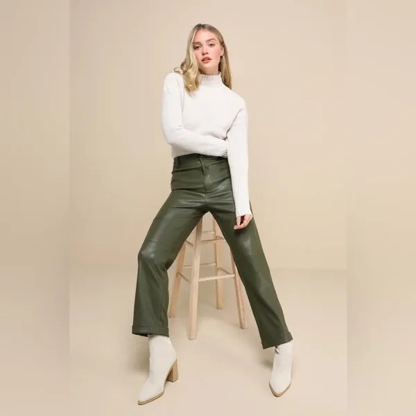 NWT Lulus Effortless Edge Vegan Leather Straight Leg Pants in Olive Green Size M - Image 13