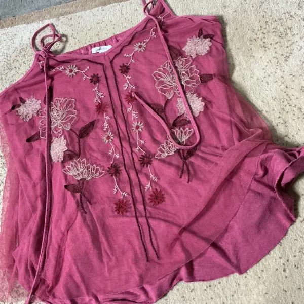 Maurices Boho Floral Embroidered Mesh Cottagecore Cami Tank Women XL Pink - Image 5