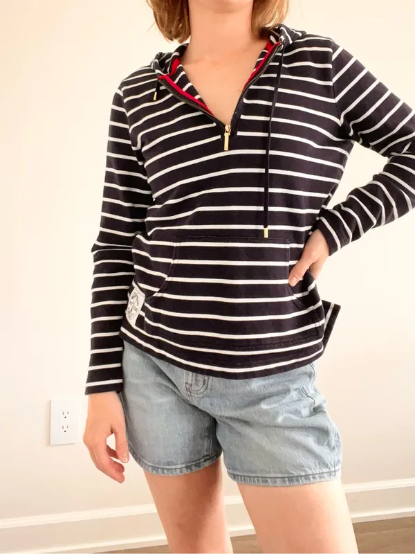 Ralph Lauren Navy and White Striped Half-Zip Hoodie with Red Accents - Image 3