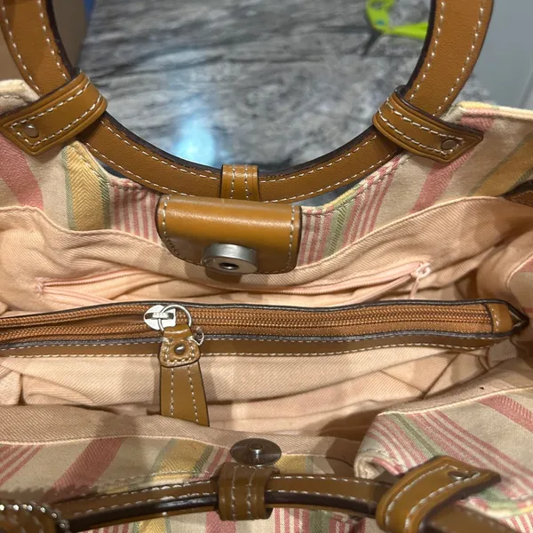 Vintage Fossil Striped Canvas hand Bag with Brown Handles - Image 10