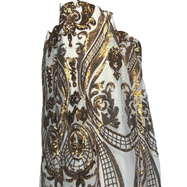 Windsor Sequin Maxi Dress Gold Bronze Damask Formal Prom Gown Art Deco Glam L - Image 3