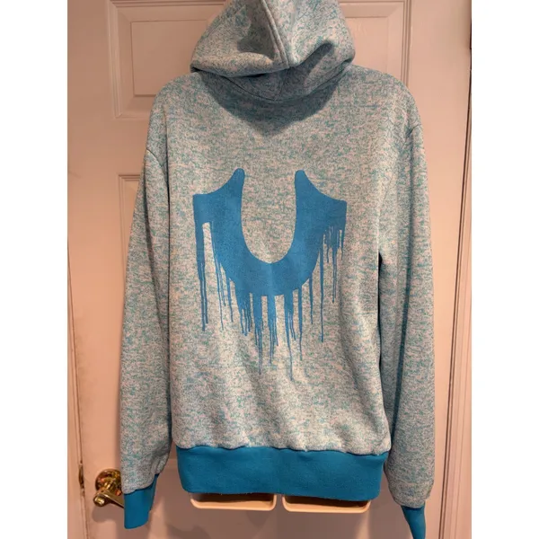 True Religion Womens XL Blue Space Dye Drip Horseshoe Full Zip Hoodie Sweatshirt - Image 9