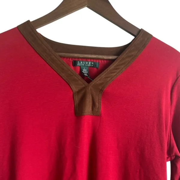 Lauren Ralph Lauren Women Preppy Classic Equestrian Top L Red Faux‎ Suede Trim - Image 3