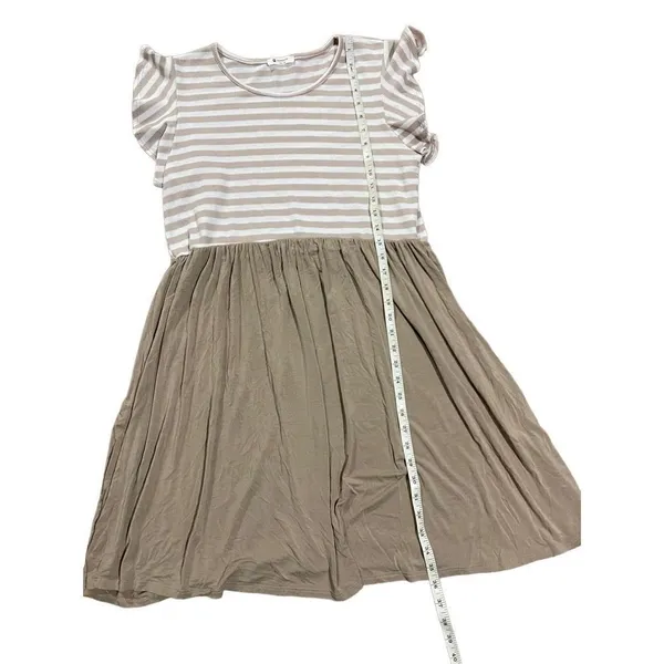 Bombom jersey knit soft ruffle short sleeve tan‎ ivory swing dress sz XL … - Image 6