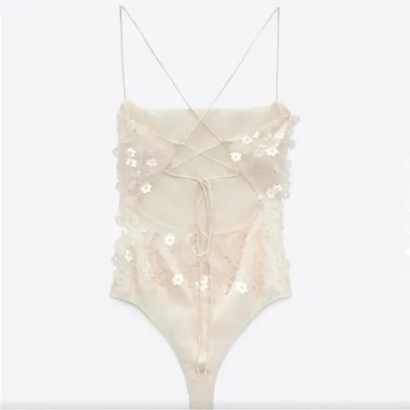 Zara‎ Cream Floral Sequined Bodysuit Size M NWT - Image 5