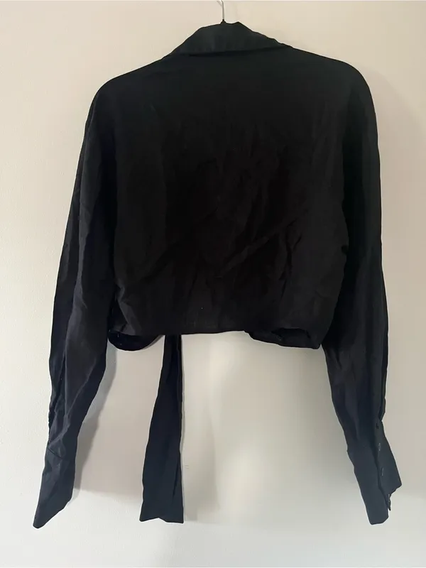 NWT Zara Black Linen Blend Cropped Long Sleeve Wrap Shirt XL Tie Front Coastal - Image 7