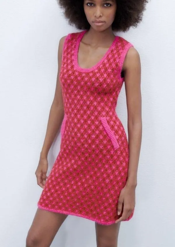 Zara PLAID KNIT Sleeveless Mini A-Line Dress w/ Round Neckline Size S Pink NEW - Image 11