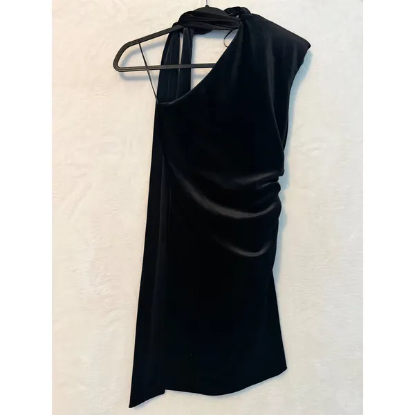 Zara Black One Shoulder Ruched Satin Mini Dress with Tie Detail NWT Size‎ S - Image 8