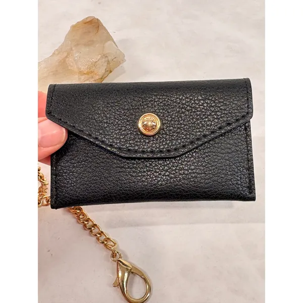 Aldo Black Pebbled Faux Leather Envelope Card Holder Wallet with Gold Chain Clip - Image 2