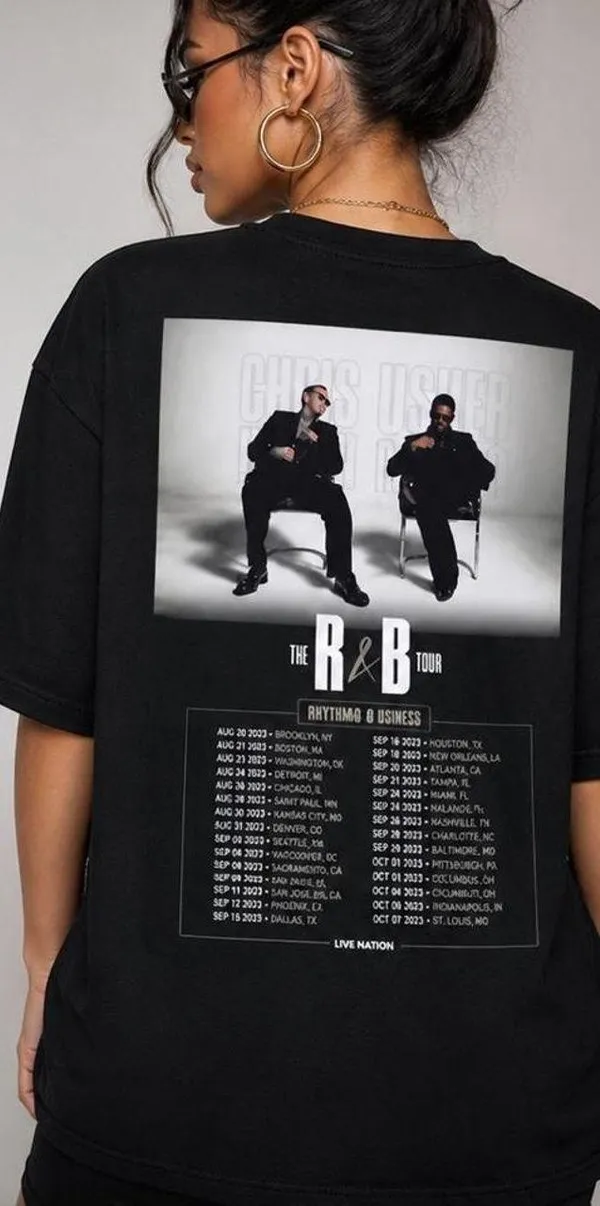 Chris Brown & Usher R&B Tour Graphic Tee Oversized Black Concert Shirt Unisex - Image 2