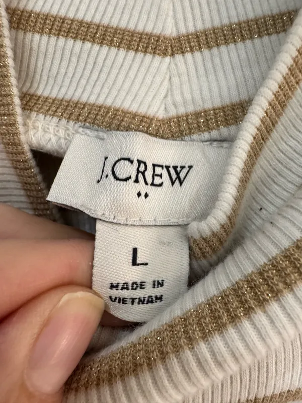 White/Tan J. Crew Puff Sleeve Ribbed Turtleneck Top Size L EUC - Image 6