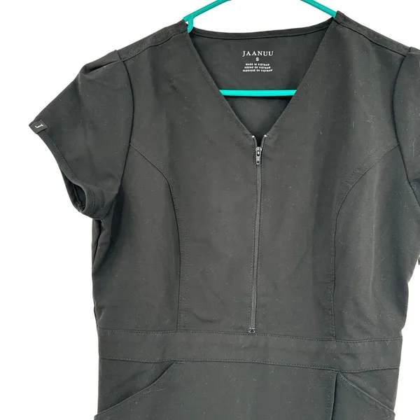 Jaanuu Size Small Short Sleeve Scrub Top Shirt‎ Black Pockets Zip V Neck Fitted - Image 3