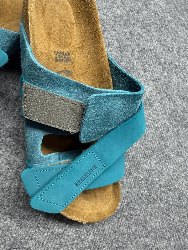 Birkenstock Double-Strap Nubuck-Suede Deep Turquoise Leather Slide Sandals - Image 9