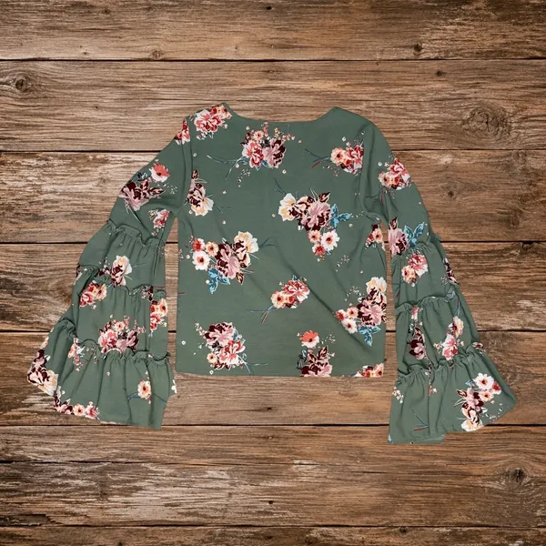 Altar'd State Boho Floral Bell Sleeve Blouse Small Sage Green Peasant Top - Image 3