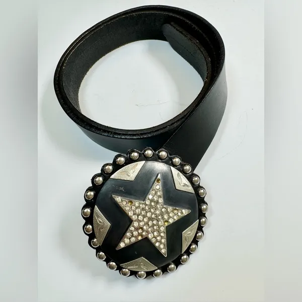 Vintage Cowboy Decor Lonestar Stud Leather Belt Rhinestone Buckle 36 Studded - Image 2