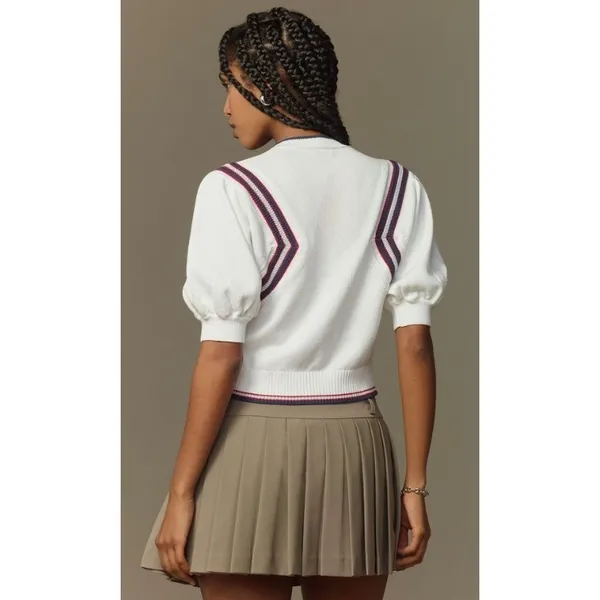 Maeve Puff Sleeve Cardigan White Inset Graphic Button Front‎ Sweater Size S - Image 9