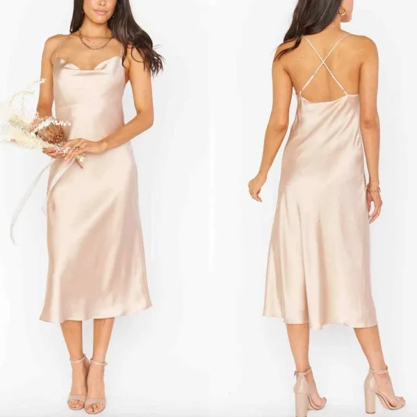 Show‎ Me Your Mumu L Verona Champagne Beige Satin Slip Dress Cowl Midi Wedding - Image 2