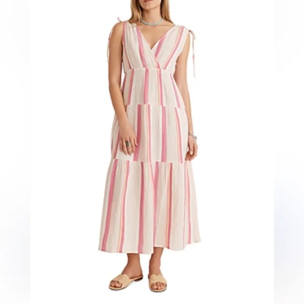 MARINE LAYER Tiered V-neck‎ Stripe Maxi Dress Gauzy Airy size Small Pink - Image 2