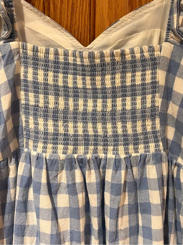 English Factory Sweetheart Neck Ruffle Gingham Midi Dress Blue White Size Medium - Image 10