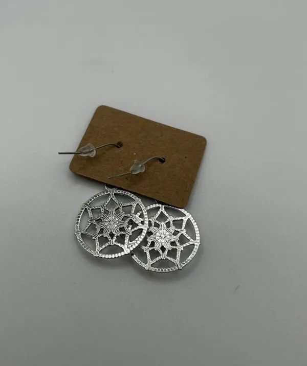Southwestern Faux Turquoise Dreamcatcher Dangle Earrings Silver Tone - Image 2