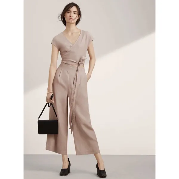 Aritzia Wilfred Brax Jumpsuit Beige Size 8 Linen Blend Wide Legs Wrap Front Tie Waist - Image 2