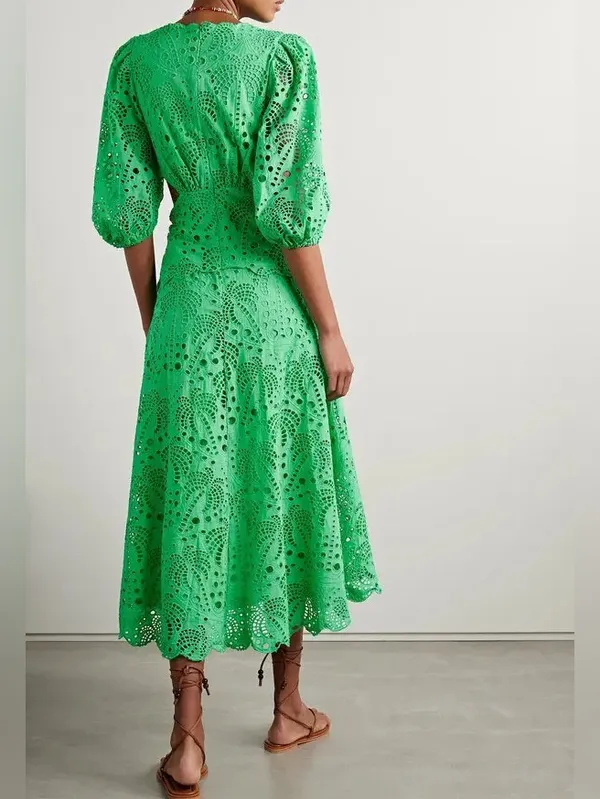 FARM Rio Green Richelieu Cutwork Midi Dress Bright Green Eyelet Cotton Sz M NWT - Image 2