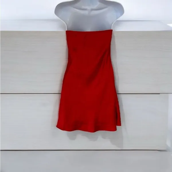 MORE TO COME Paloma Strapless Mini Dress Red Satin Ruched RuffleRevolve Medium - Image 6