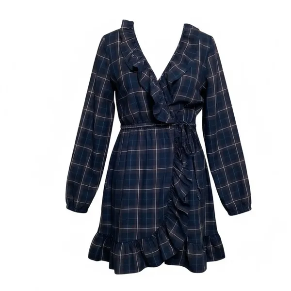Sunner Navy plaid Cotton Ruffle wrap dress. Size Medium Blue - Image 2