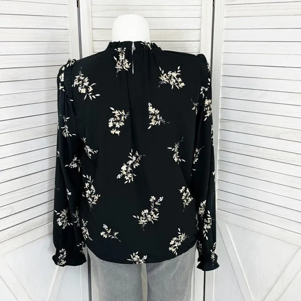 J. Crew Floral Smocked Ruffle Trim Blouse Black‎ Tan Large - Image 4