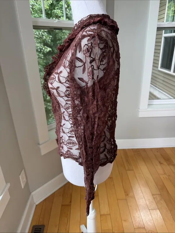 Vintage Brown Floral Lace Ruffle Blouse - Image 3