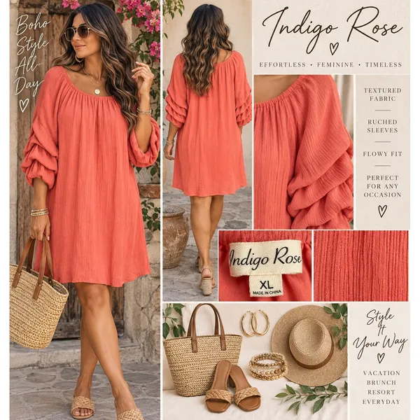 Indigo Rose Women Coral Pink Crinkle Gauze Ruffle Sleeve Shift Dress XL - Image 2