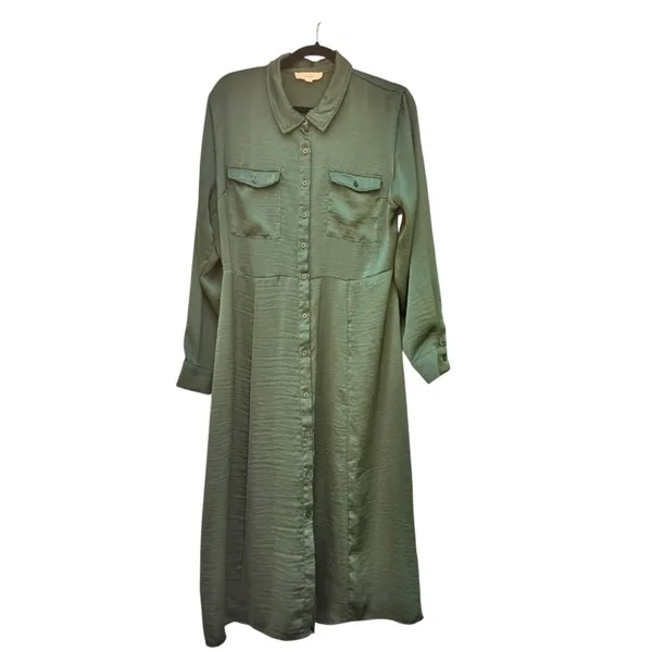 Lucky Brand Jewel Green Satin Shirt Dress XL Utility Long Sleeve Midi Pockets - Image 5