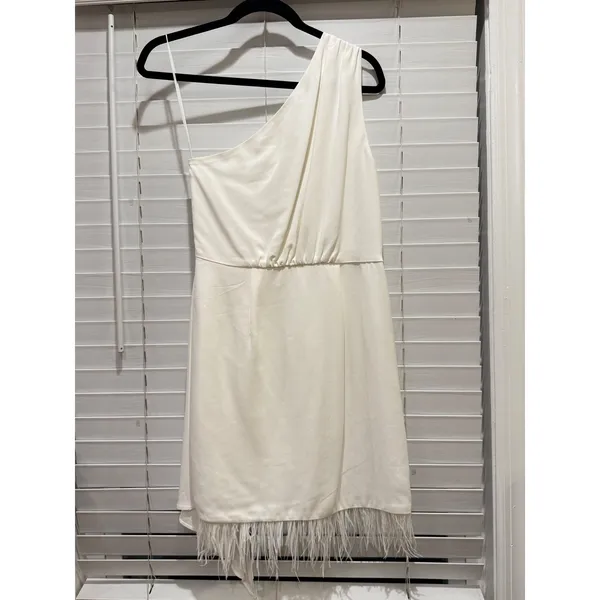 NEW Saylor Revole one shoulder Dress Sz M White Feather Draped Cocktail Mini - Image 6
