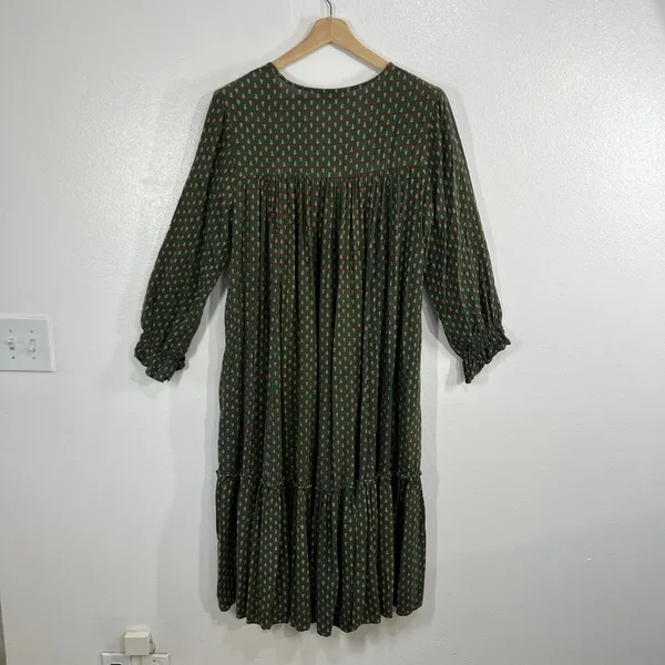 April Cornell Candlelight Smock Dress Large L Olive Green Block Print Boho Midi - Image 4