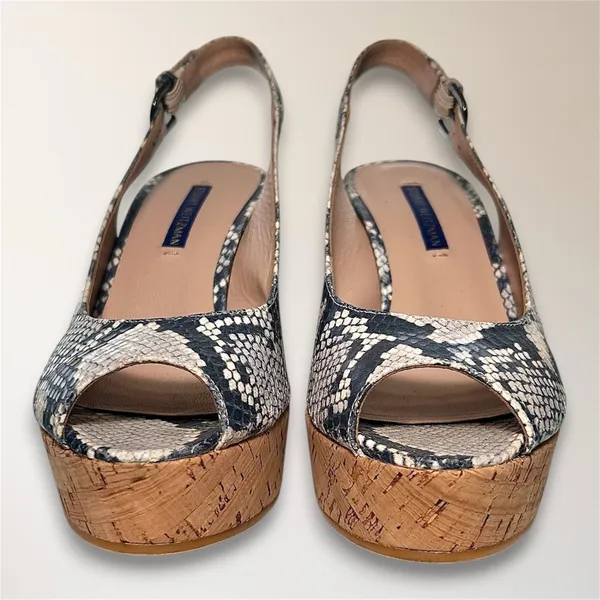 Stuart Weitzman 7.5 Snake Print Embossed Cork‎ Wedge Slingback Peep Toe Sandals - Image 7
