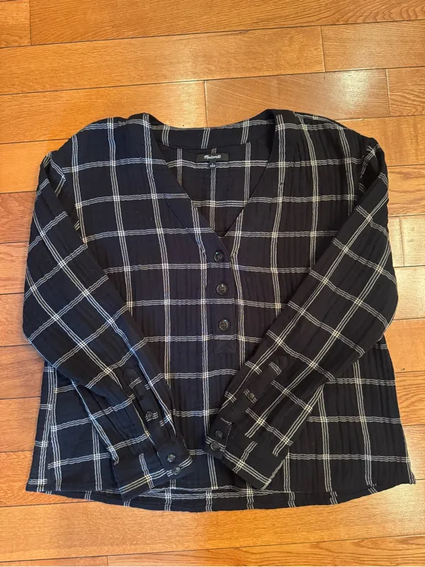 Madewell Lightspun Evert Women's Top Black Size L Windowpane Plaid Button Front - Image 2
