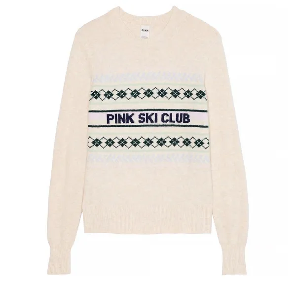 Victoria's Secret PINK Ski Club Intarsia Argyle Sweater Cream XL New Soft Cozy - Image 5