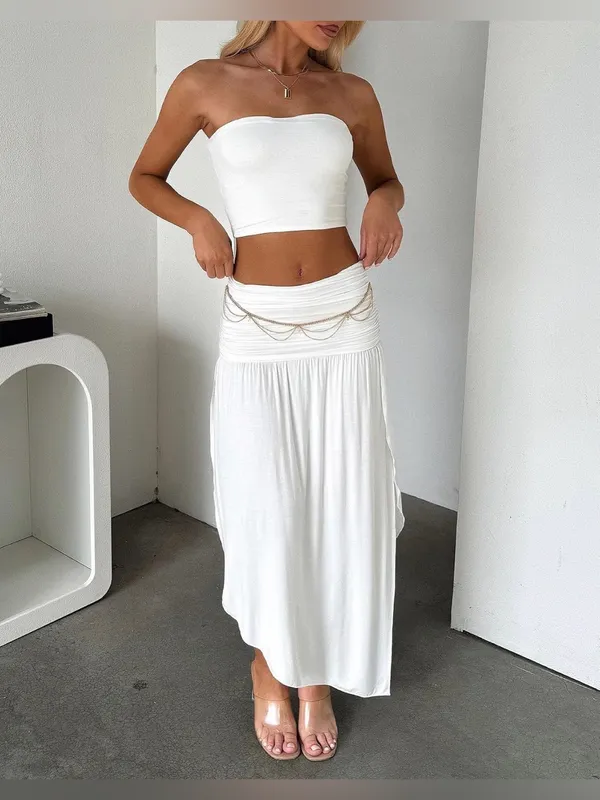 Lybiogs Women 2 Piece Maxi Skirt Set Tube Crop Top Summer Vacation Outfit - Image 2
