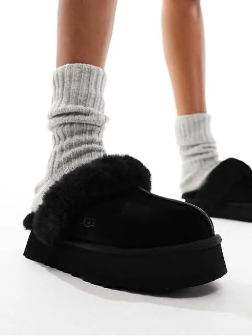 UGG women Black Suede fur platform slipper shoes US 6 - Image 2