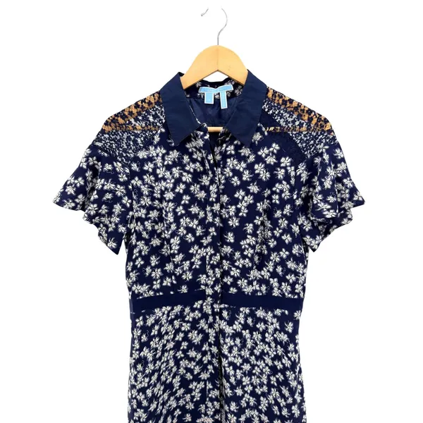 Draper James‎ Cloister Navy Floral Shirt Dress 100% Silk Size 8 Pockets Lined - Image 2