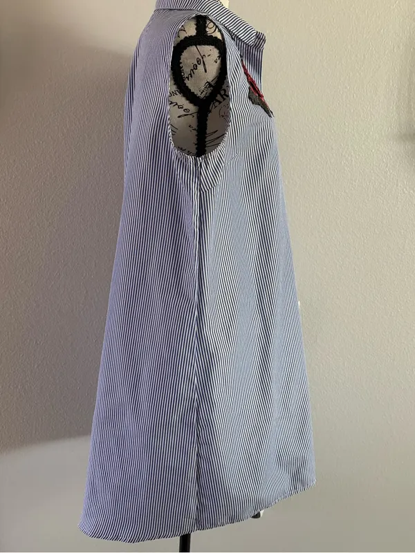 Sleeveless Blue Stripe Shirt Dress with Red Rose Embroidery - Image 2